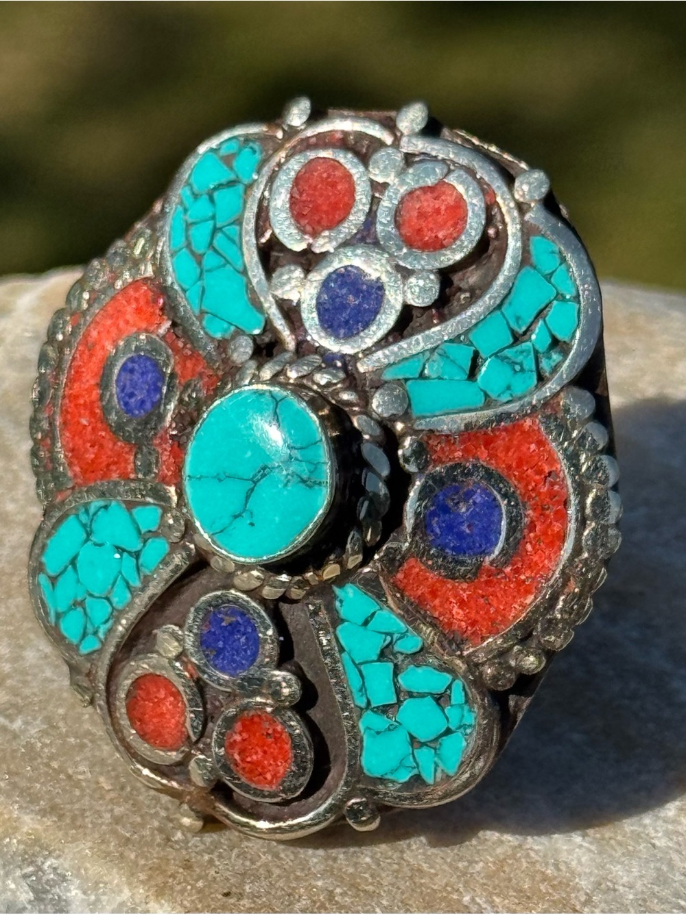 Artisan Handcrafted Tibetan Turquoise, Coral & Lapis Statement Adjustable Ring